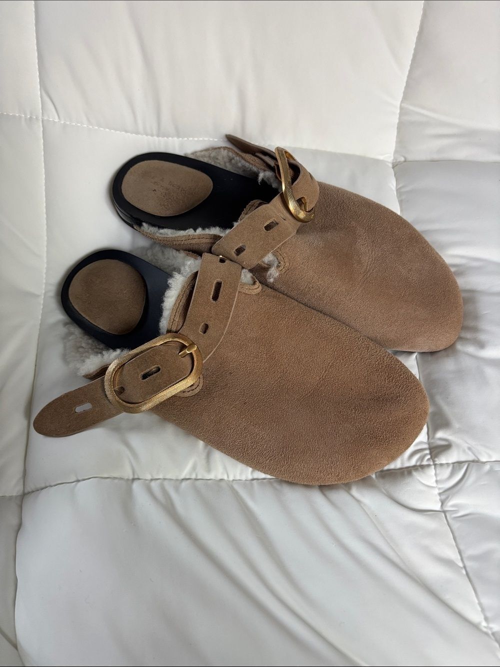 rag & bone Ansley Suede Shearling-Lined Mule Slides with Buckle sz 37